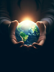 Weltkugel die schützend von einer Person mit beiden Händen getragen wird. Heile Welt ohne Klimawandel.