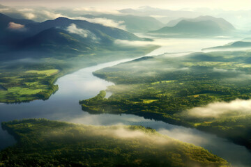 A majestic mountain range shrouded in mist, with lush green valleys and a winding river, conveying a sense of awe and the grandeur of nature