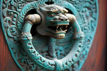 An architectural close-up of an ornate door knocker with intricate details and a weathered patina, evoking a sense of history and character
