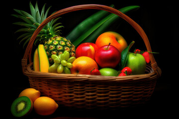 A captivating composition of colorful fruits arranged in a rustic basket, showcasing the abundance and freshness of nature's harvest