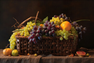 A captivating composition of colorful fruits arranged in a rustic basket, showcasing the abundance and freshness of nature's harvest