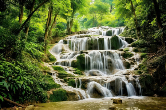 A captivating shot of a cascading waterfall nestled in a lush green forest, capturing the raw power and beauty of nature's water elements