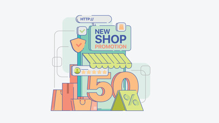 Naklejka premium 50 % Sale, super sale, sold, sale, 50, pastel illustration, shop illustration, shopping, online shopping, new shop, dropshopping, online store, online shop, website, pastel vector illustration, clean