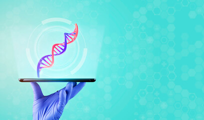 DNA molecule. Biotechnology and modern medicine. The doctor's hand holds a tablet. A chromosomal...