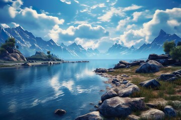 Autumn landscape with lake and mountains, Generative ai