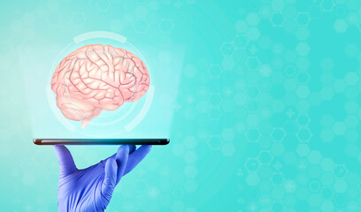 Neurology and psychology, neurodegenerative diseases. The doctor's hand holds a tablet. A brain is projected isolated on green background. Medical technology, Technological development in neurology.