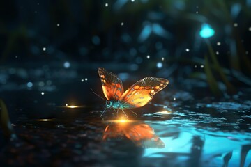 Fototapeta na wymiar Magical glowing butterfly in the enchanted forest. Generative AI