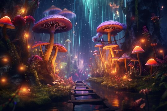 Magical mashroom in fantasy enchanted fairy tale forest with lots of brighness and lighting. Generative ai