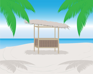 vector design of a landscape with huts made of wood and thatch on the roof located on the seashore with the sea and coconut trees on the sides and blue sky background