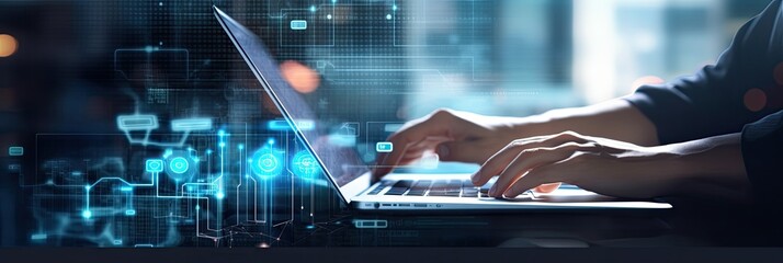 Data scientist, Programmer using laptop analyzing financial data on futuristic virtual interface. Algorithm. Global business development, strategy and planning, digital technology