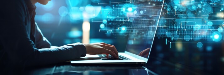 Data scientist, Programmer using laptop analyzing financial data on futuristic virtual interface. Algorithm. Global business development, strategy and planning, digital technology