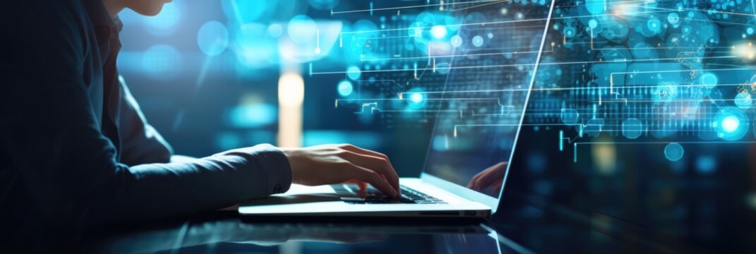 Data scientist, Programmer using laptop analyzing financial data on futuristic virtual interface. Algorithm. Global business development, strategy and planning, digital technology