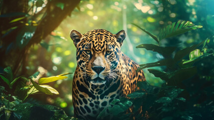 Animal Power - Creative and wonderful portrait of a male jaguar in the green jungle the original and photo like