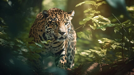 Animal Power - Creative and wonderful portrait of a male jaguar in the green jungle the original and photo like