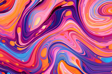 Obraz premium Psychedelic trippy Y2k retro background with bright swirl. Abstract liquid illustration. Pink, purple and orange groovy wave print.