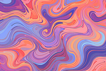 Psychedelic trippy Y2k retro background with bright swirl. Abstract liquid illustration. Blue, purple and orange groovy wave print.