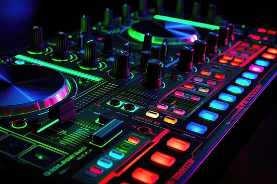 close up of dj mixer with retroilluminated buttons and knobs to setting output music - generative AI