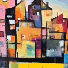 Illustration Vecteur Abstrait Moderne Peinture Ville Village Colline Plusieurs Couleurs Expressif Art