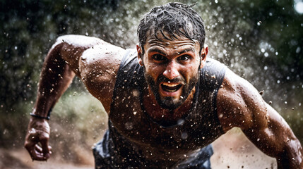 dirty and sweaty extreme athlete fights his way through mud and water