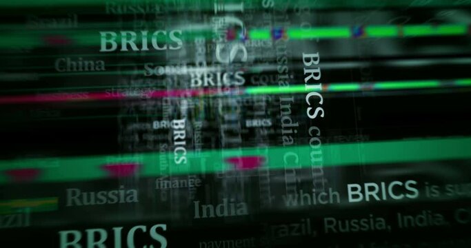 BRICS economic group and union organization headline news titles across media. Abstract concept displays loop. Flight between screens with glitch effect seamless and looped 3d.