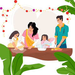 Happy 2024. Decorated banana tree for New Year. Smiling family cooking new year dishes.  India celebration tradition. Greeting card. 