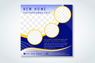 Abstract square background concept with circle for new home for performing arts social media banner, brochure, flyer design in blue colors. Space for photo collage. blue background and line pattern - obrazy, fototapety, plakaty