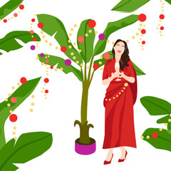 Happy 2024. Decorated banana tree for New Year. Smiling woman in red dress posing for photo. India celebration tradition. Greeting card. 