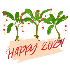 Happy 2024. Decorated banana tree for New Year. India celebration tradition. Greeting card. 