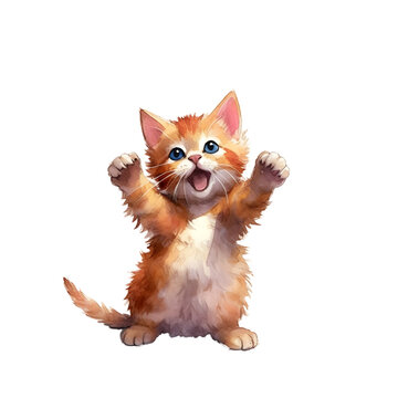 cute kitten throws confetti in the air in watercolor design against transparent background