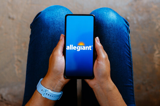 June 16, 2023, Brazil. In this photo illustration, the Allegiant Air logo is displayed on a smartphone screen.