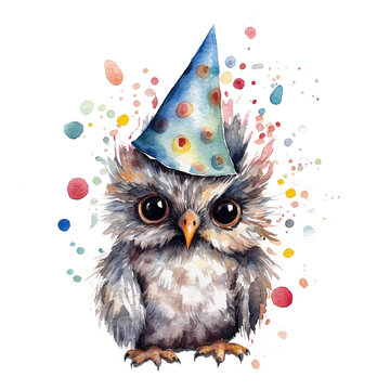 cute baby owl portrait wearing a birthday hat in watercolor design isolated against transparent background