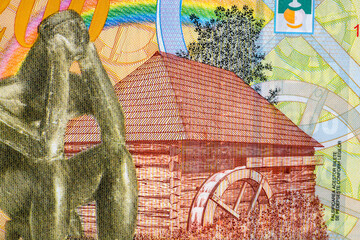 Selective focus on detail of lei banknotes. Close up macro detail of romanian lei banknotes, 200 lei isolated. World money concept, inflation and economy concept