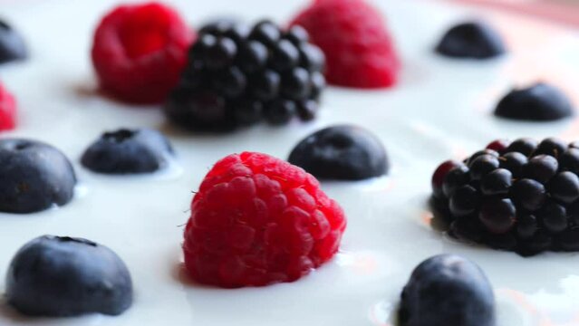 natural yoghurt with wild berries, rotation in circle. healthy food, ripe blueberries, raspberries, blackberries in yoghur Turning. selective focus.