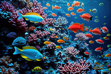 Fototapeta na wymiar Tropical sea underwater fishes on coral reef, generative ai.