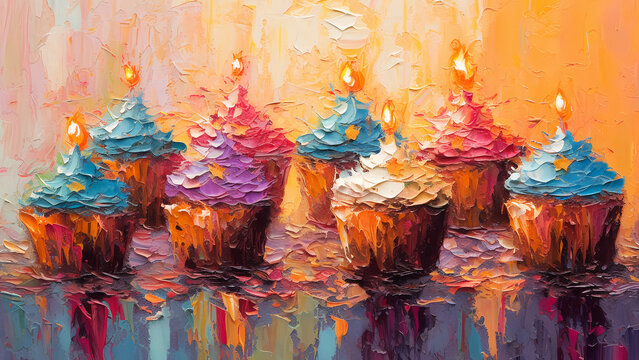 Impasto illustration of cupcakes with candles