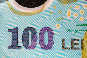 Selective focus on detail of lei banknotes. Close up macro detail of romanian lei banknotes, 100...