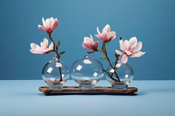 Vibrant pink magnolia flowers gracefully contrast against a serene blue background