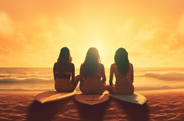 Young Women Sitting on Surfboards, Watching the Sunset