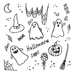 Halloween vector illustration doodle hand drawn. Funny, cute illustration for seasonal design, print, textile, template for kids playroom decoration, greeting card. Isolated white background