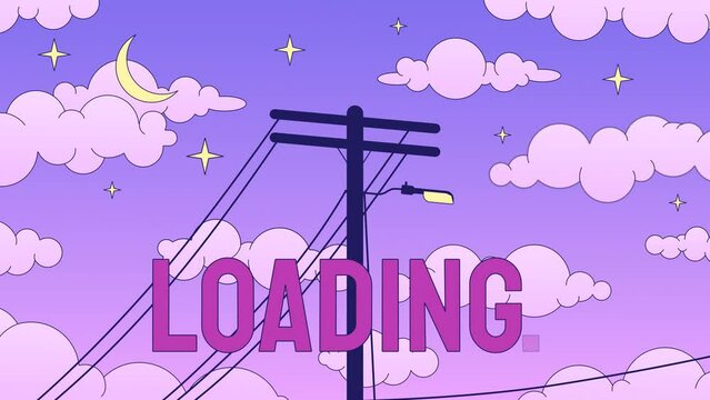 Utility pole sunset loader animation. Electrical cables on dreamy night sky. Flash message 4K video. Chill lofi colour loading animation with alpha channel transparency for UI, UX web design
