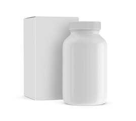 Nutrition Supplemet Plastic Bottle Jar Packaging With Box Isolated 3D Rendering