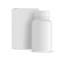 Nutrition Supplemet Plastic Bottle Jar Packaging With Box Isolated 3D Rendering