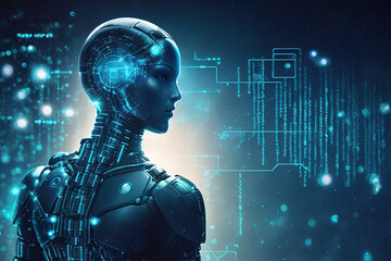 Android in matrix space. Artificial intelligence in a female form. Generative AI.