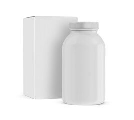 Nutrition Supplemet Plastic Bottle Jar Packaging With Box Isolated 3D Rendering
