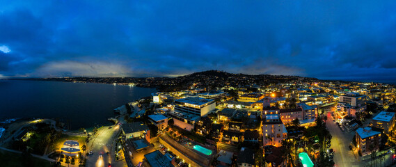 La Jolla, California, From an Aerial Drone View, at Night with lights Looking toward the Hill