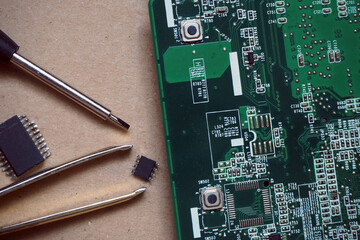 Microchips removed from a hi-tech circuit board. Semiconductor components, integrated circuits,...