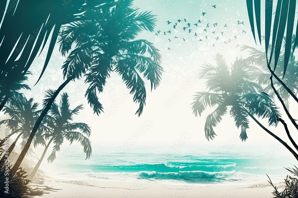 Wall mural a hazy beach with palm trees serves as the background. idea for a summer getaway. generative ai