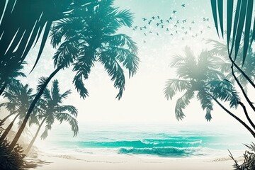 Fototapeta na wymiar A hazy beach with palm trees serves as the background. Idea for a summer getaway. Generative AI