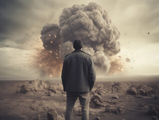 man in the desert looking on an explosion