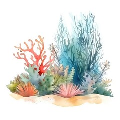 Painted watercolor set with colorful algae, corals and other underwater plants isolated on white background.